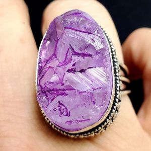 New Rough Purple Crystal Quartz Antique Design Silver Ring.